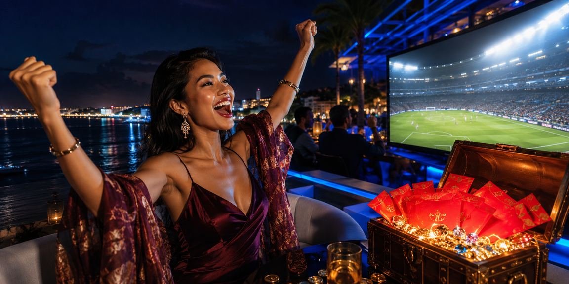 Amplop merah bonus jackpot di suasana pantai tropis
