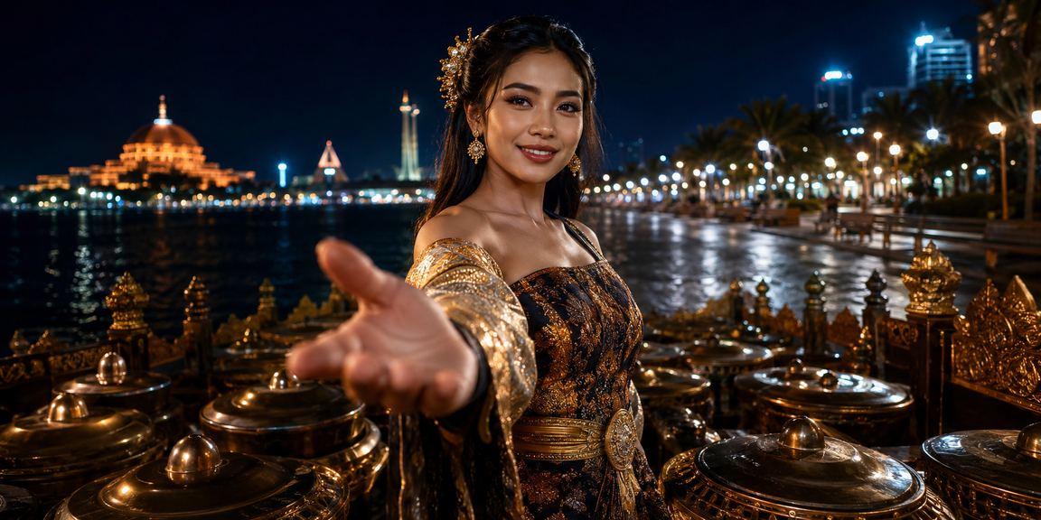 Model kasino Vietnam berpose di depan meja taruhan malam hari