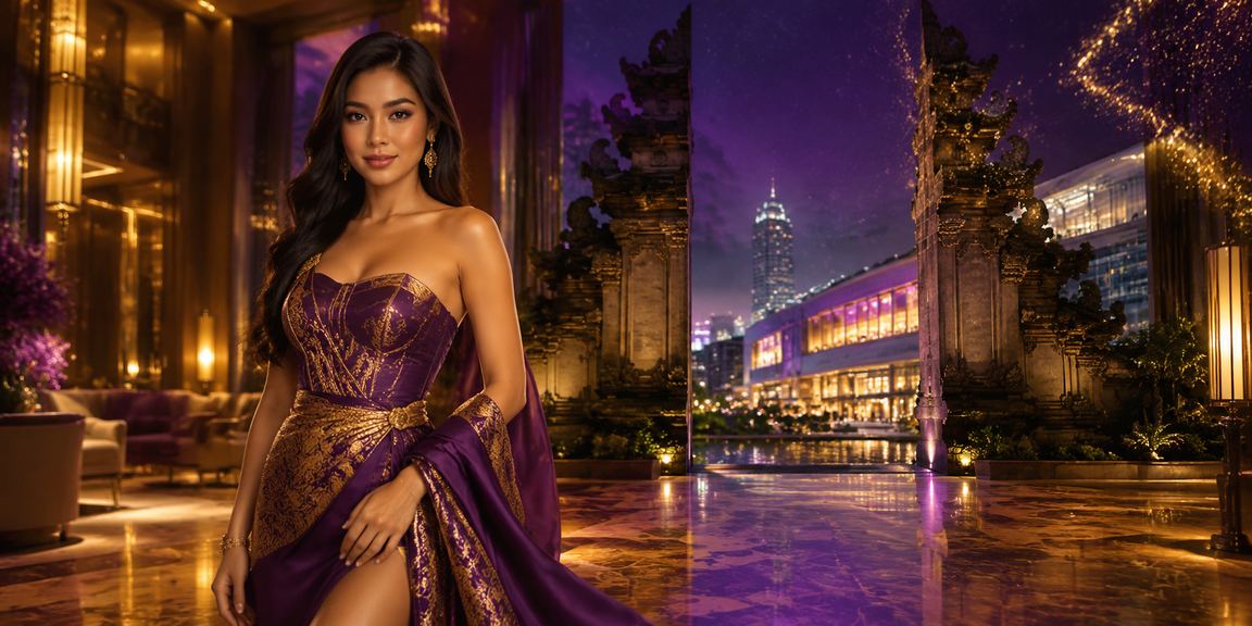 Model kasino Vietnam berpose di depan layar permainan malam hari